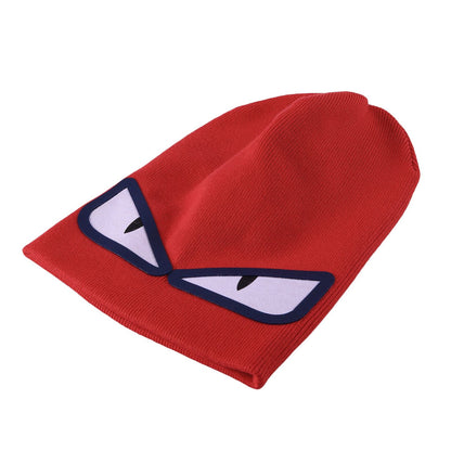 Boys Light Red Knitted 'Monster' Eyes Printed Hat