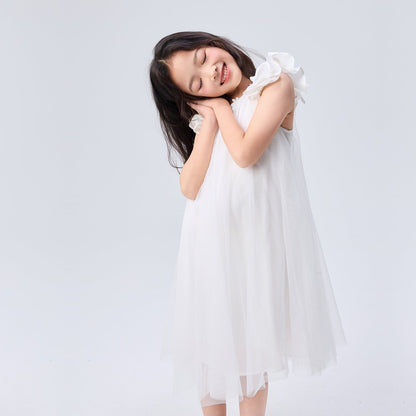 女童白色玫瑰袖连衣裙