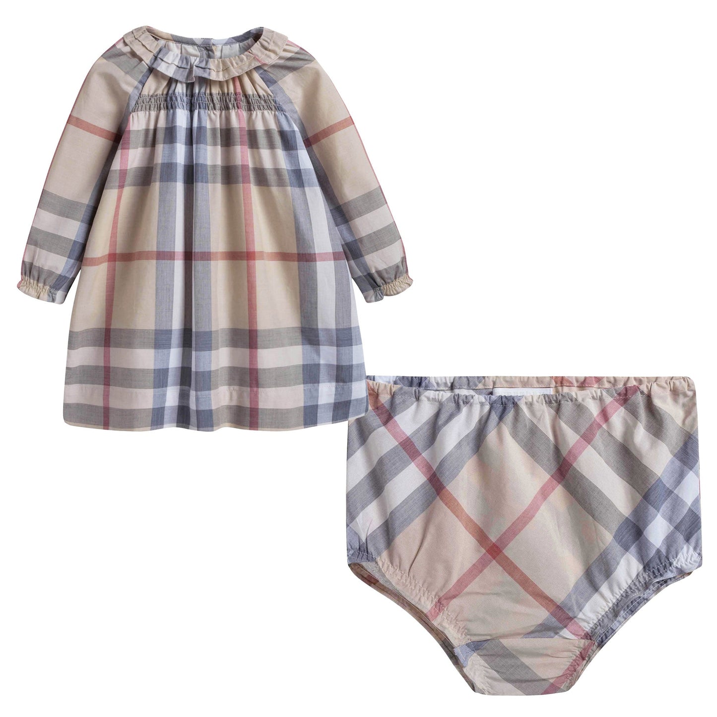 Baby Girls Beige Check Dress With Collar