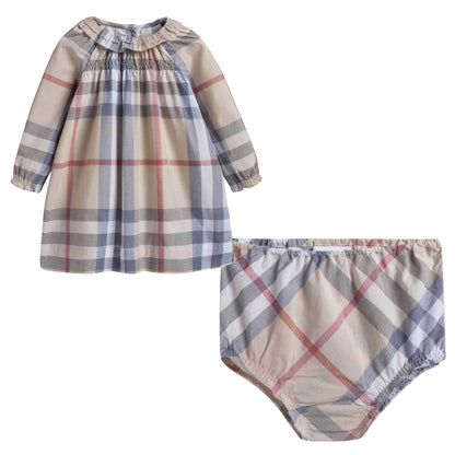 Baby Girls Beige Check Dress With Collar