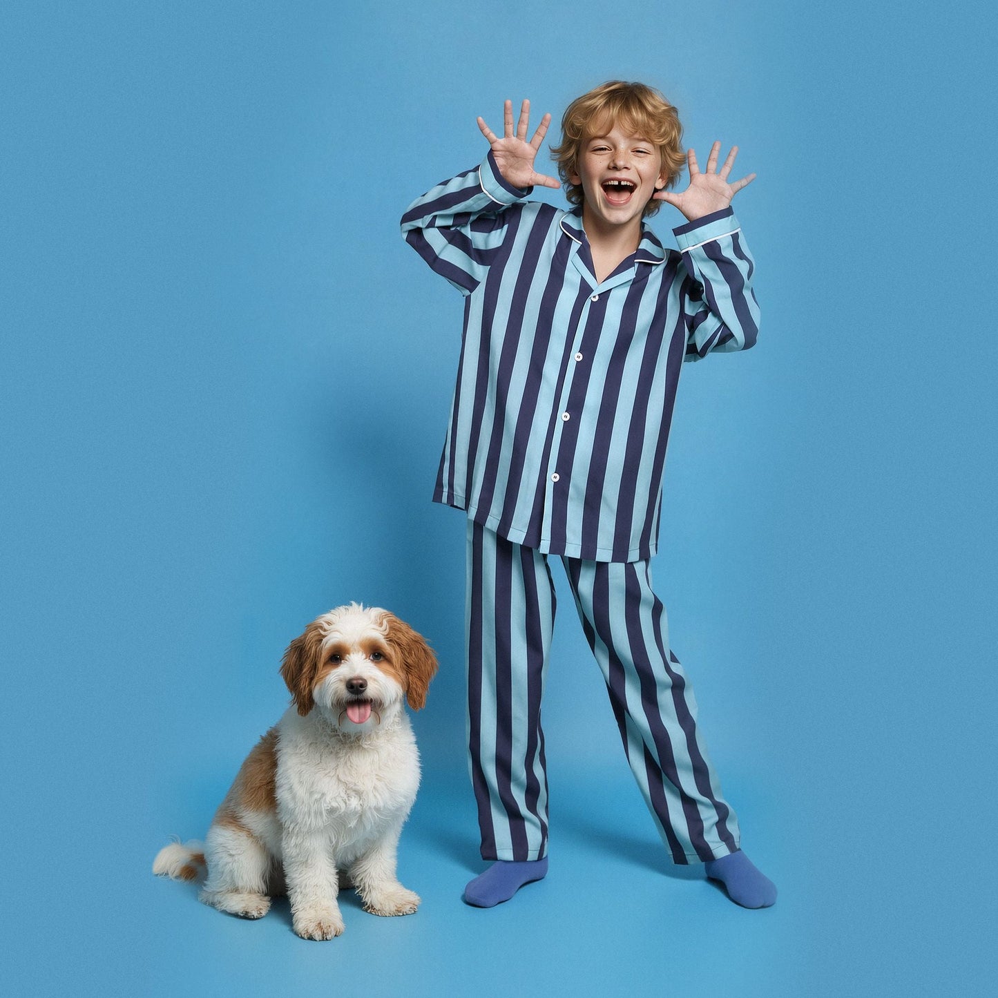 亲子款蓝色&藏青色条纹天丝睡衣套装