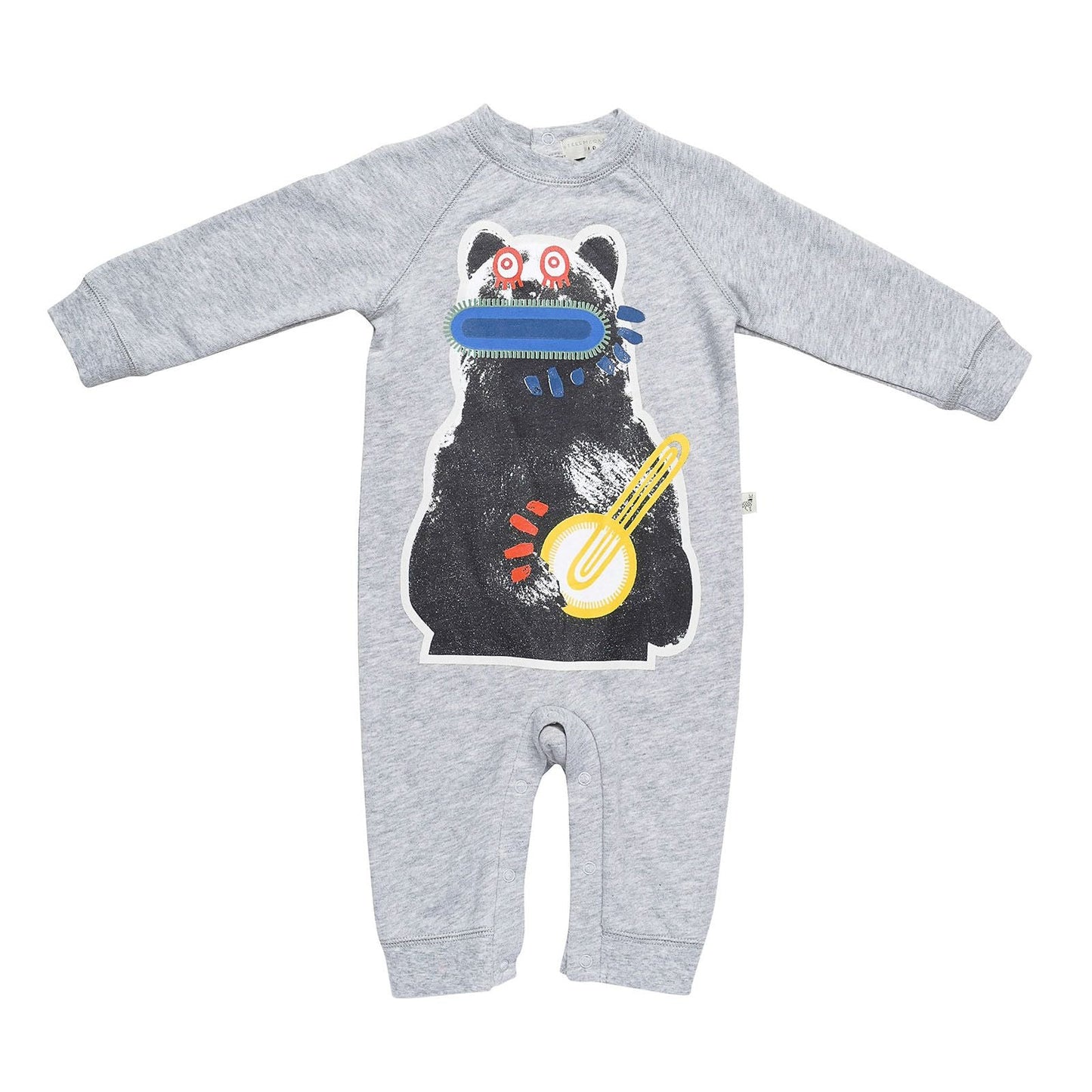 Baby Grey Cotton Babygrow With Zig Zag Bear Print Trim