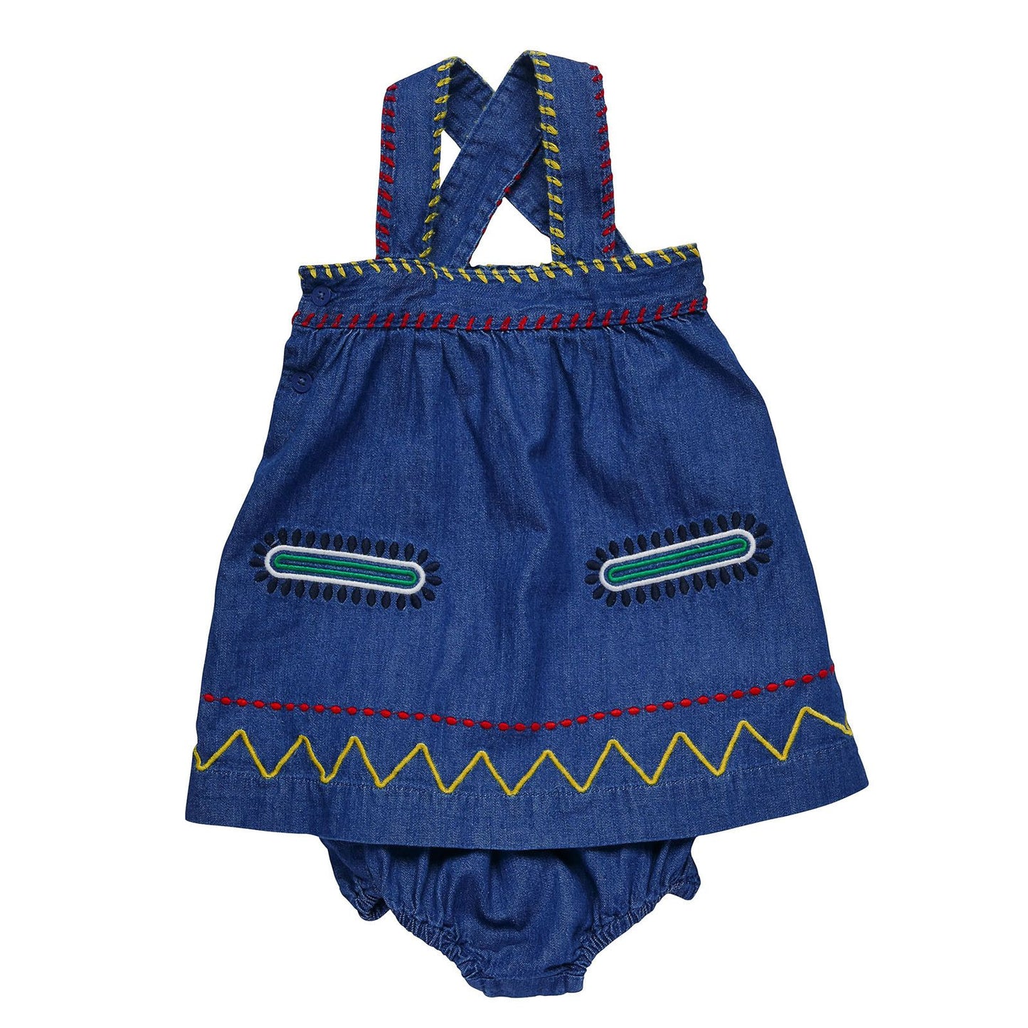 Baby Girls Blue Cotton Denim Zig Zag Embroidered Trims Dress With Bloomres