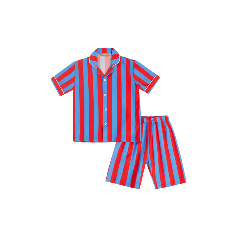 儿童红蓝色条纹天丝睡衣套装