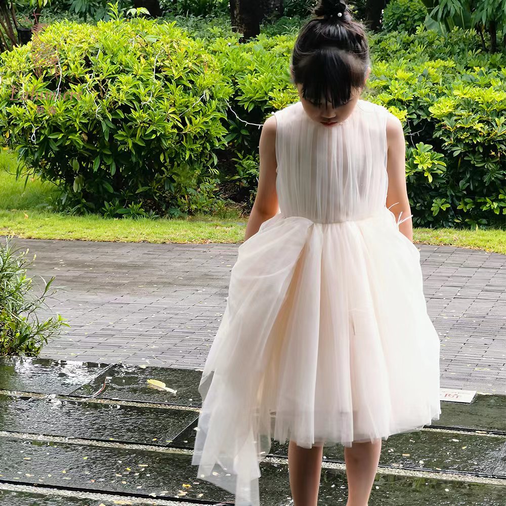 女童香槟色钉珠羽毛礼服裙
