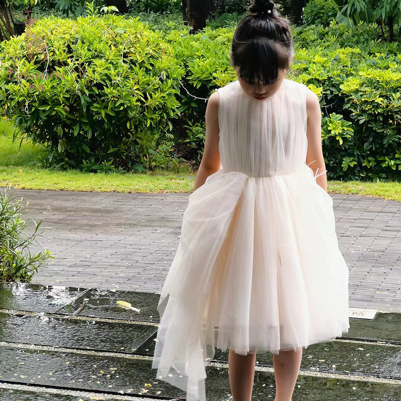 女童香槟色钉珠羽毛礼服裙