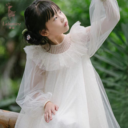 女童香槟色荷叶边礼服纱裙