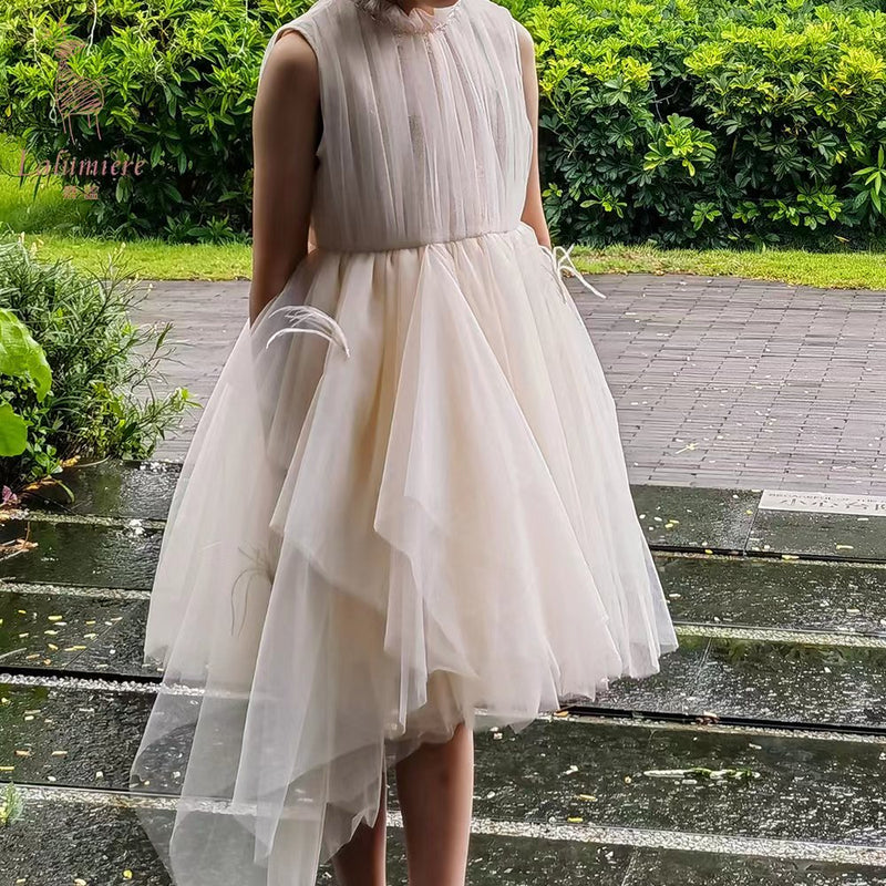 女童香槟色钉珠羽毛礼服裙