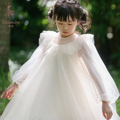 女童香槟色荷叶边礼服纱裙