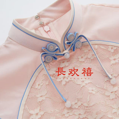女童粉色"花影"刺绣上衣&碎花短裤套装