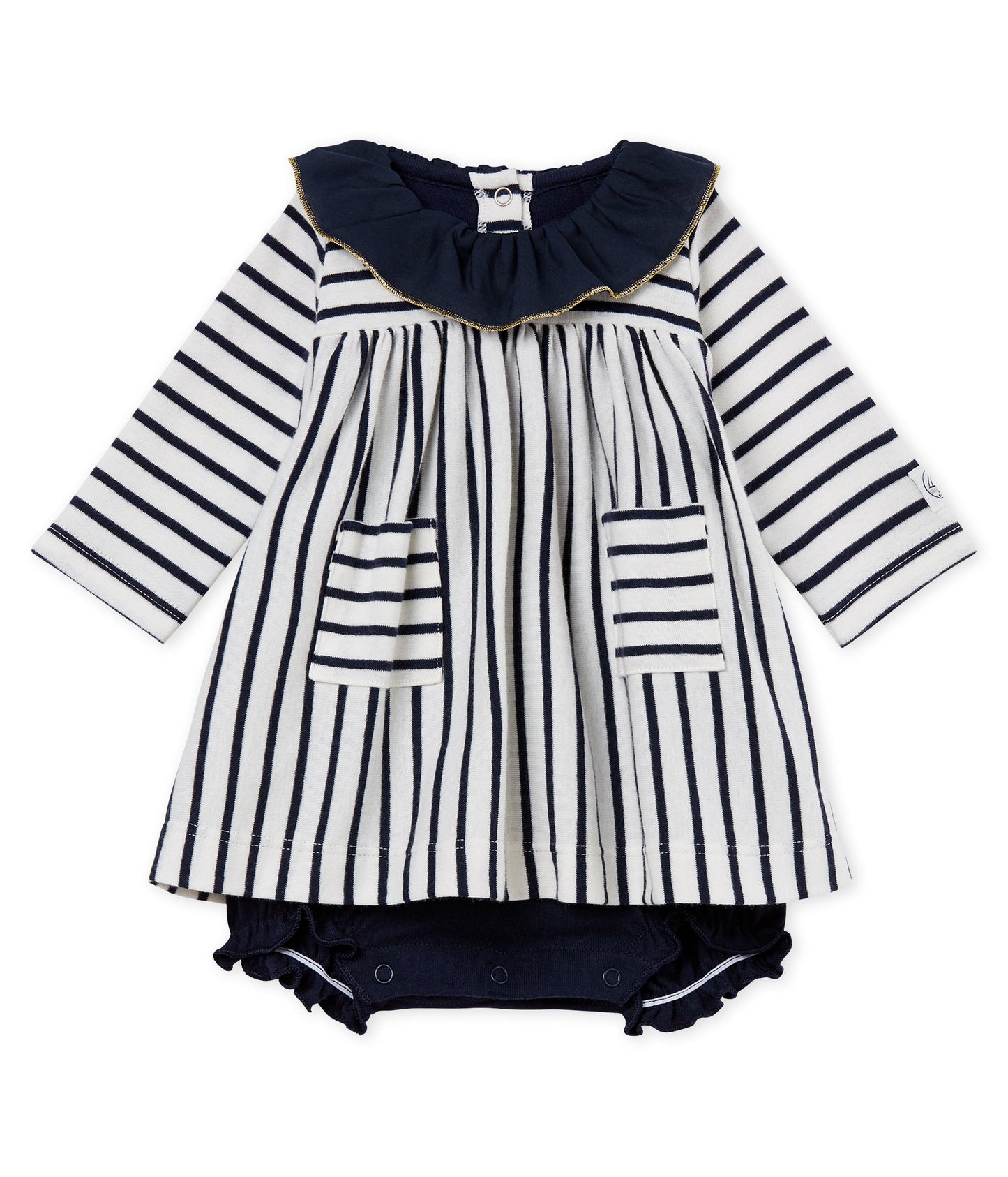 Baby Girls White & Navy Striped Dress