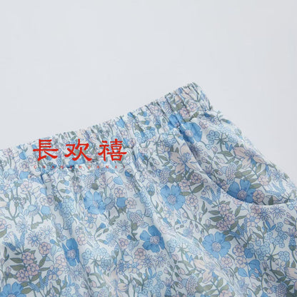 女童粉色"花影"刺绣上衣&碎花短裤套装