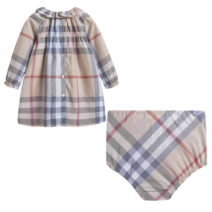 Baby Girls Beige Check Dress With Collar