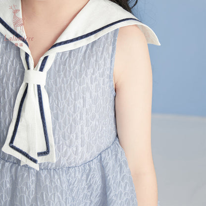 女童海军领蓝色水波纹小礼服