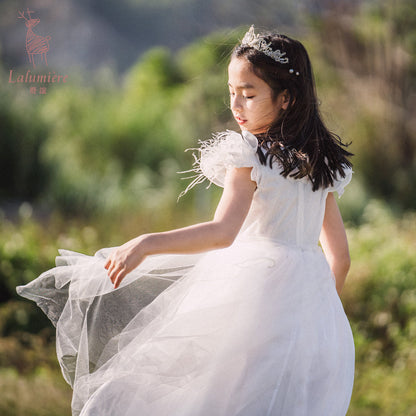 女童白色羽毛高定礼服裙
