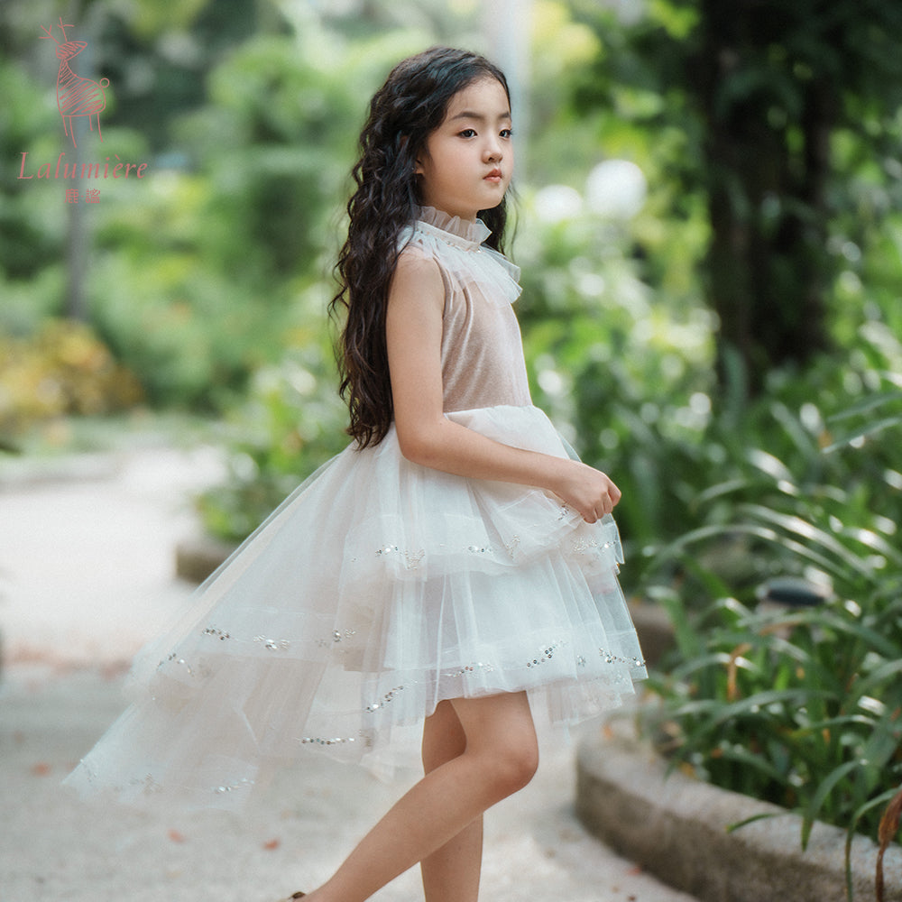 女童杏色不规则珠绣礼服裙