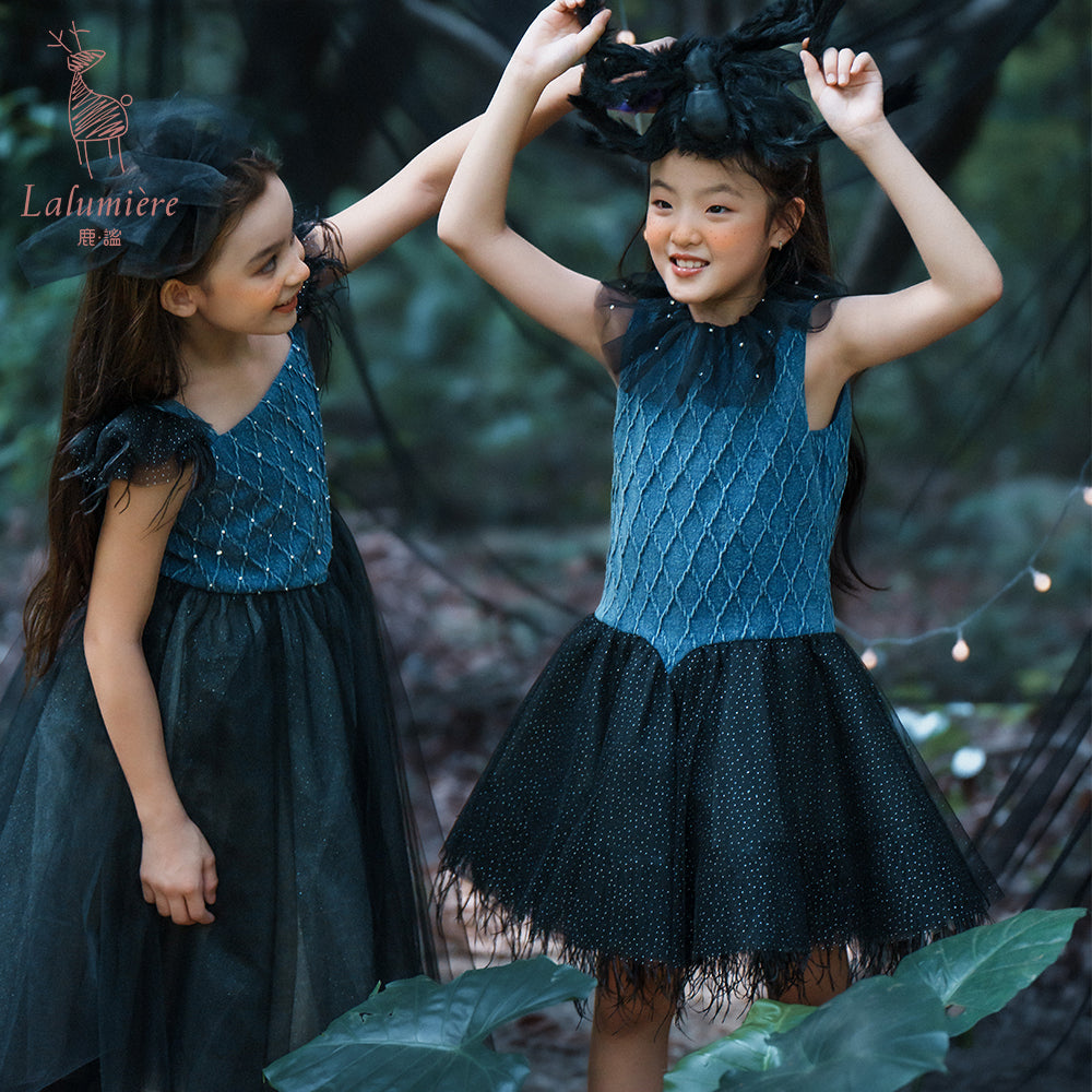 女童牛仔羽毛吊带裙