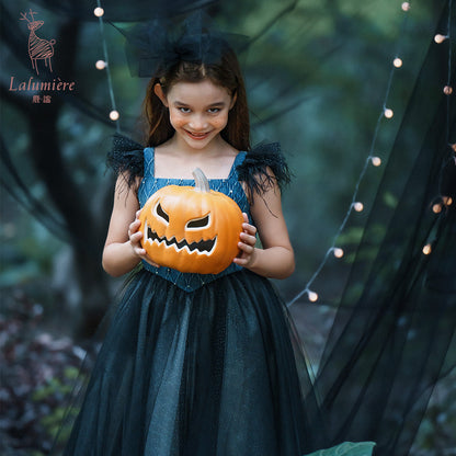 女童牛仔羽毛吊带裙