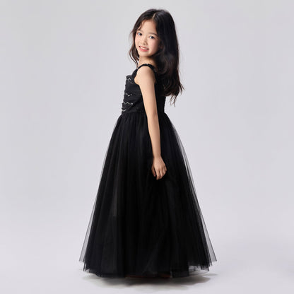 女童黑色珠绣吊带礼服裙