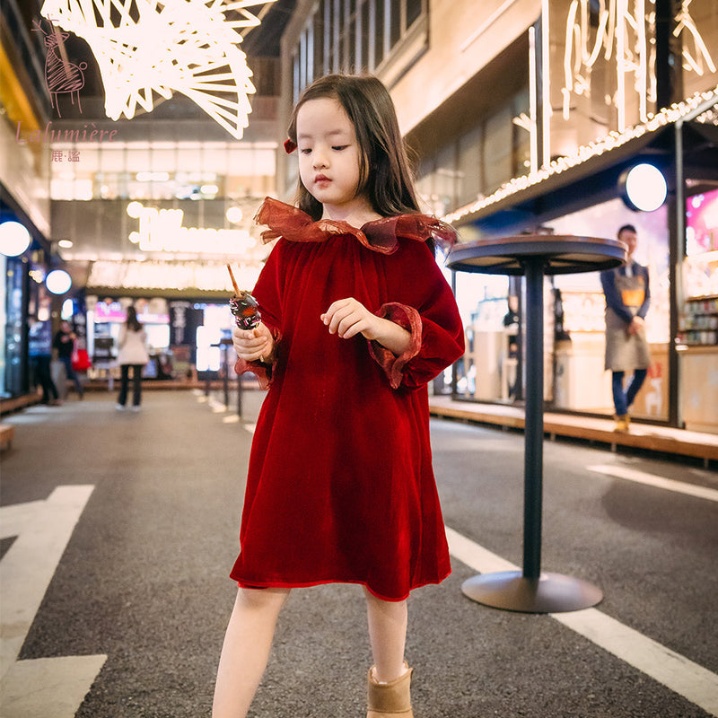 女童红色真丝绒裙