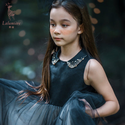 女童珠绣黑粉渐变礼服裙