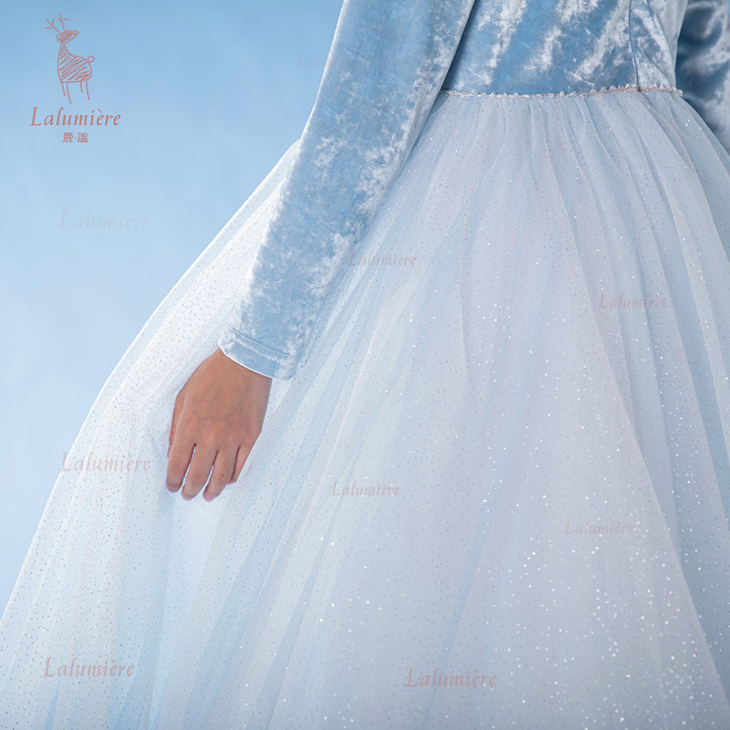 女童蓝色冰雪丝绒拼纱公主裙