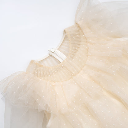 女童香槟色荷叶边礼服纱裙