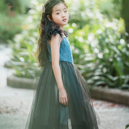 女童牛仔羽毛吊带裙