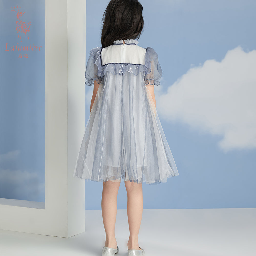 女童海蓝色荷叶边系带礼服裙