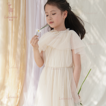 女童香槟色可拆卸斗篷礼服裙