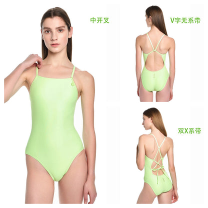 女士荧光绿色专业泳衣
