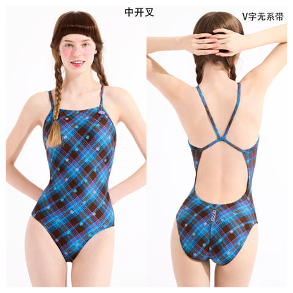 女士蓝棕色格子专业泳衣