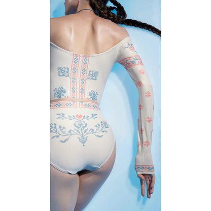 女士米白色印花长袖芭蕾舞连体衣