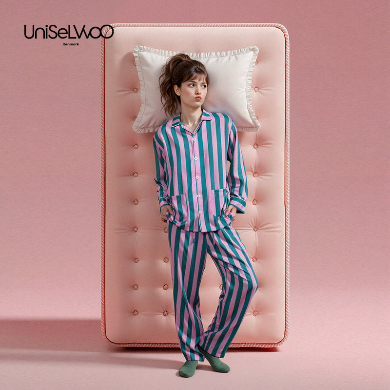 亲子款粉色&绿色条纹天丝睡衣套装
