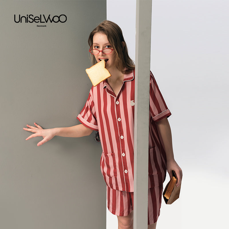 成人款粉红色条纹天丝睡衣套装