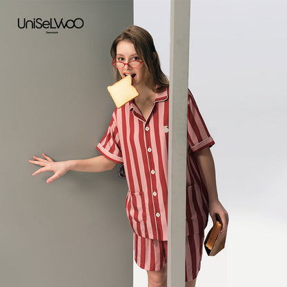 成人款粉红色条纹天丝睡衣套装