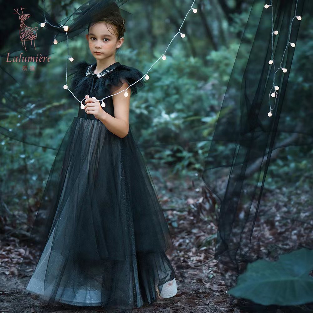 女童珠绣黑粉渐变礼服裙