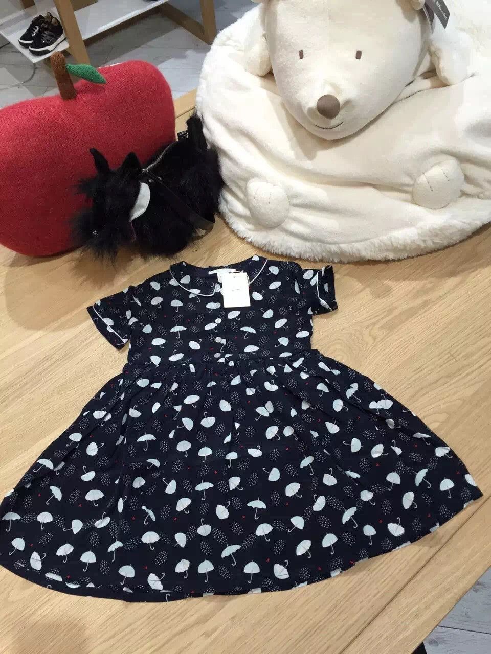 Girls Black Umbrella Printed Peter Pan Collar Dress