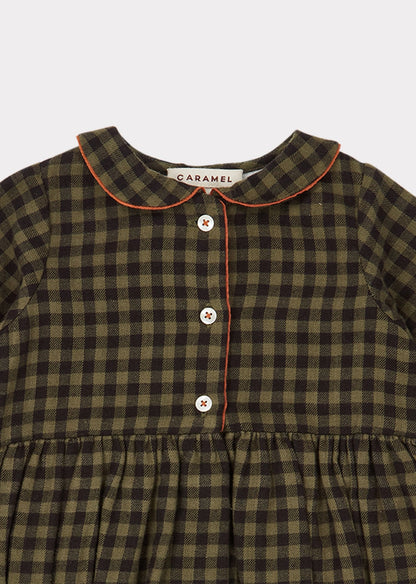 Baby Girls Dark Green Check Cotton Babysuit