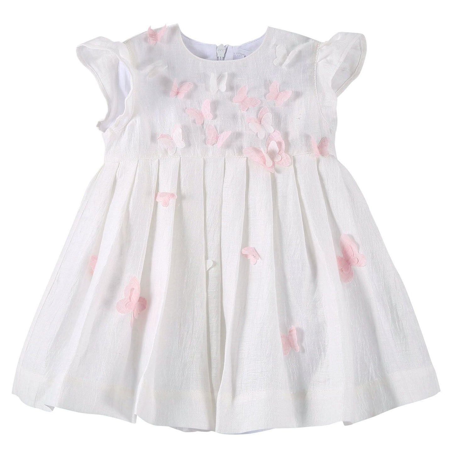 Baby Girls Ivory Dress With Pink Butterfly Patch Trims