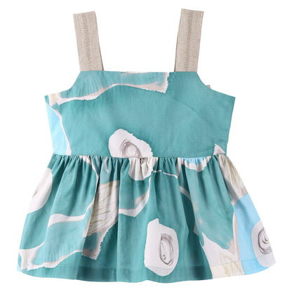 Girls Aqua Green Printed Top With Bows Shoulder-Straps