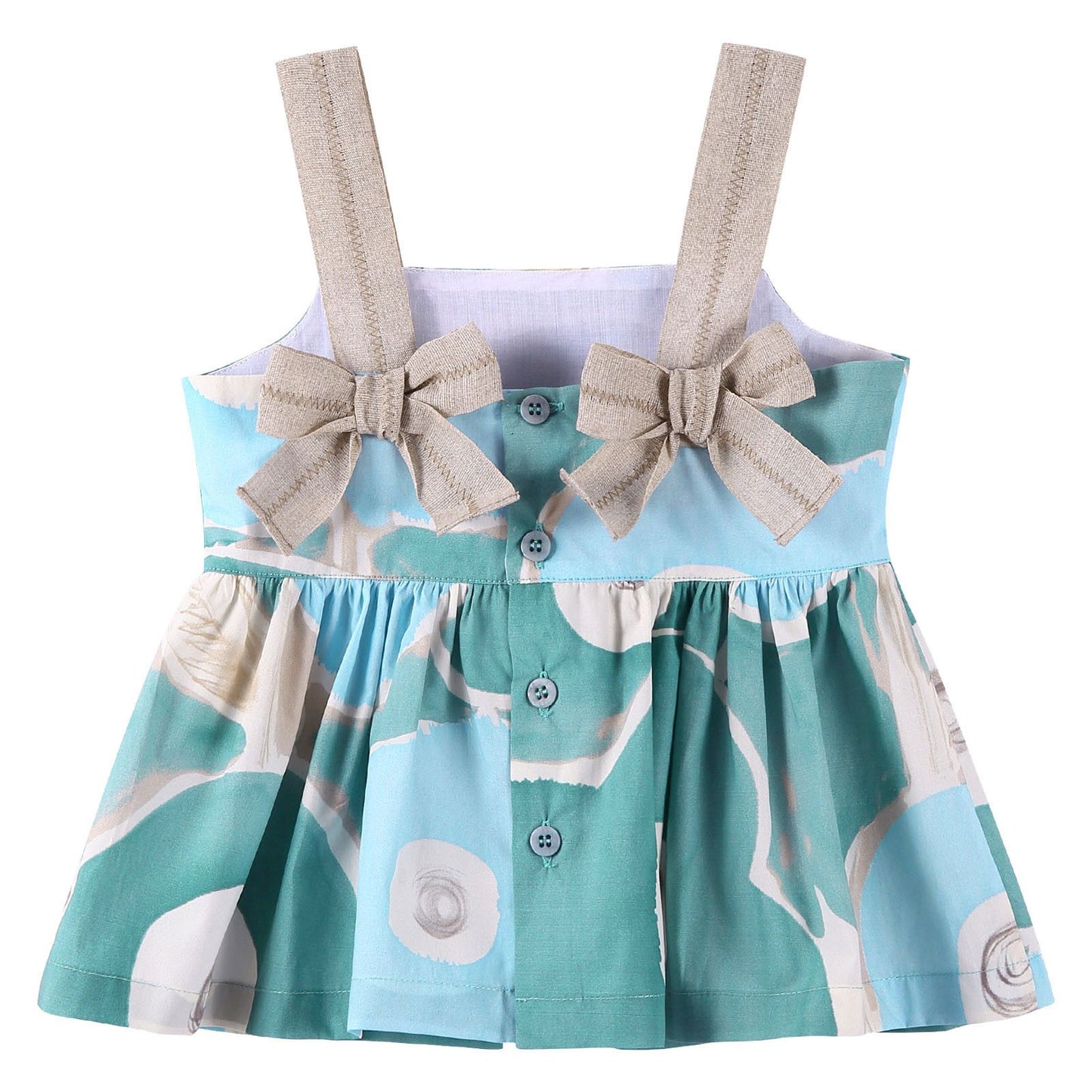 Girls Aqua Green Printed Top With Bows Shoulder-Straps