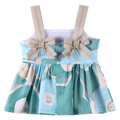 Girls Aqua Green Printed Top With Bows Shoulder-Straps