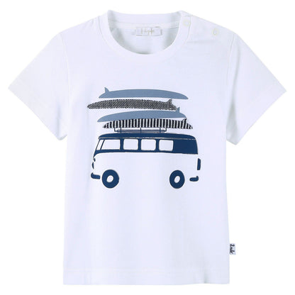 Baby Boys White T-Shirt With Navy Blue Bus Print