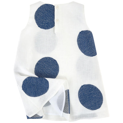 Girls White Linen Sleeveless Dress With Blue embroidered Trims