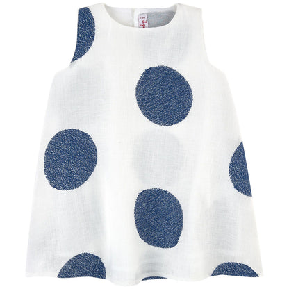 Girls White Linen Sleeveless Dress With Blue embroidered Trims