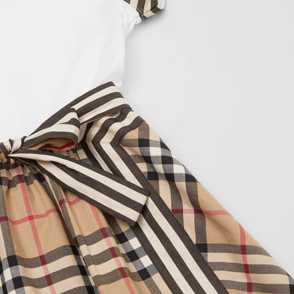 Girls Beige & White Check Cotton Dress