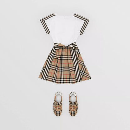 Girls Beige & White Check Cotton Dress