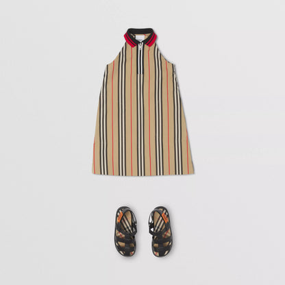 Girls Beige Stripes Cotton Dress