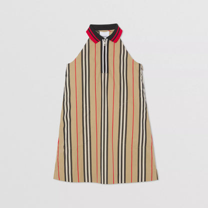 Girls Beige Stripes Cotton Dress